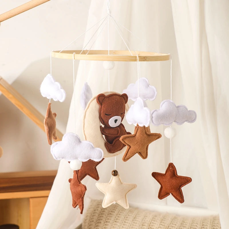 Let’s Make Wooden Baby Rattles with Felt Cartoon Bear, Cloud, Star, and Moon - Montessori Crib Mobile Educational Toys