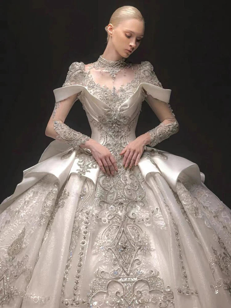 2024 Luxury Long-Sleeved Wedding Dress - Satin Handmade Embroidery Beading, Retro Princess Ball Gown Vestido De Novia