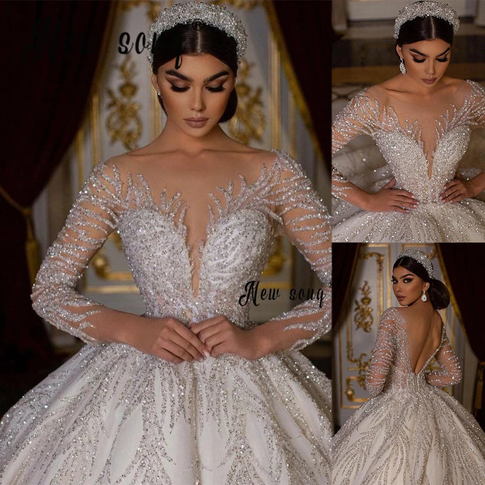 Luxury 2024 Backless Beaded Wedding Dress - Sheer Neck Ball Gown Bridal Gowns with Long Sleeves, Vestido De Novia