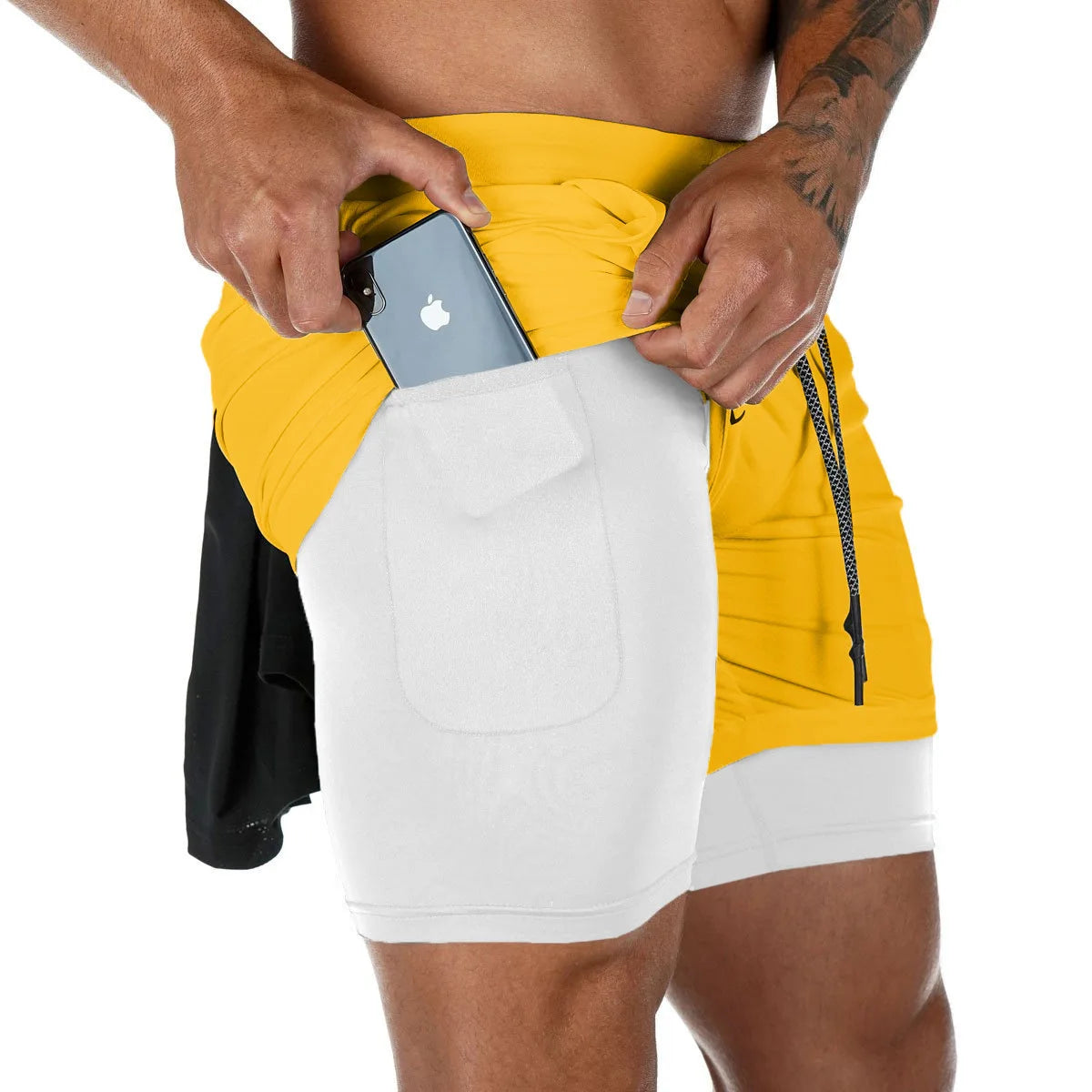 Men's Double Layer Fitness Shorts - Drawstring, Mesh Lining, Elastic Waist, Breathable Quick-Dry Board Shorts for Beach and Pool