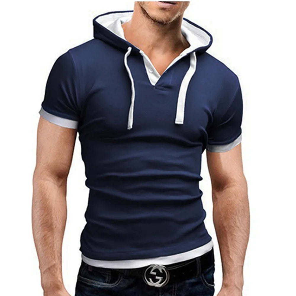 HANQIU Men's Slim Fit Hooded T-Shirt: Sporty Short-Sleeved Tee for Summer 2024