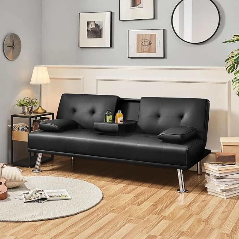 Modern Faux Leather Sofa Bed - Convertible Folding Futon with Armrests, Engineered Wood and Metal Frame, Minimalist Design for Living Room