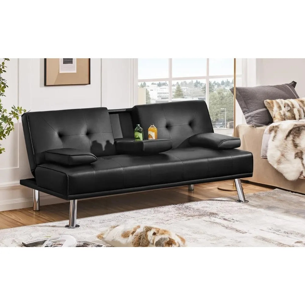 Modern Faux Leather Sofa Bed - Convertible Folding Futon with Armrests, Engineered Wood and Metal Frame, Minimalist Design for Living Room