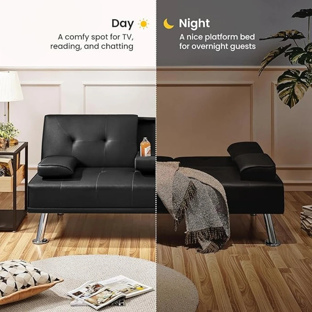 Modern Faux Leather Sofa Bed - Convertible Folding Futon with Armrests, Engineered Wood and Metal Frame, Minimalist Design for Living Room