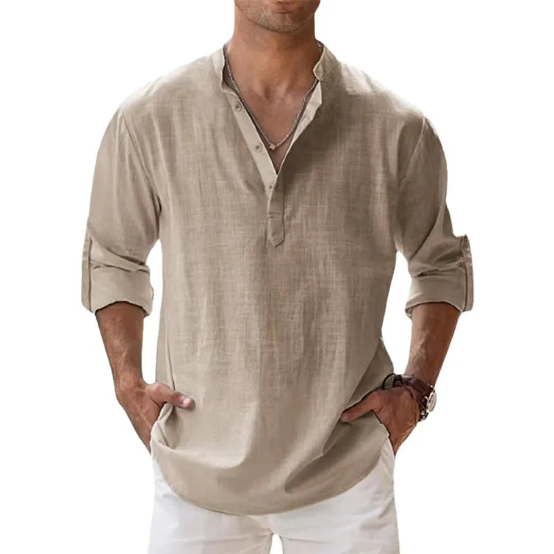 Men's Cotton Linen Henley Shirts - Casual Lightweight Long Sleeve Beach Shirts, Hawaiian T-Shirts
