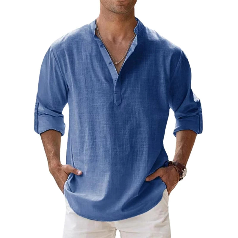 Men's Cotton Linen Henley Shirts - Casual Lightweight Long Sleeve Beach Shirts, Hawaiian T-Shirts