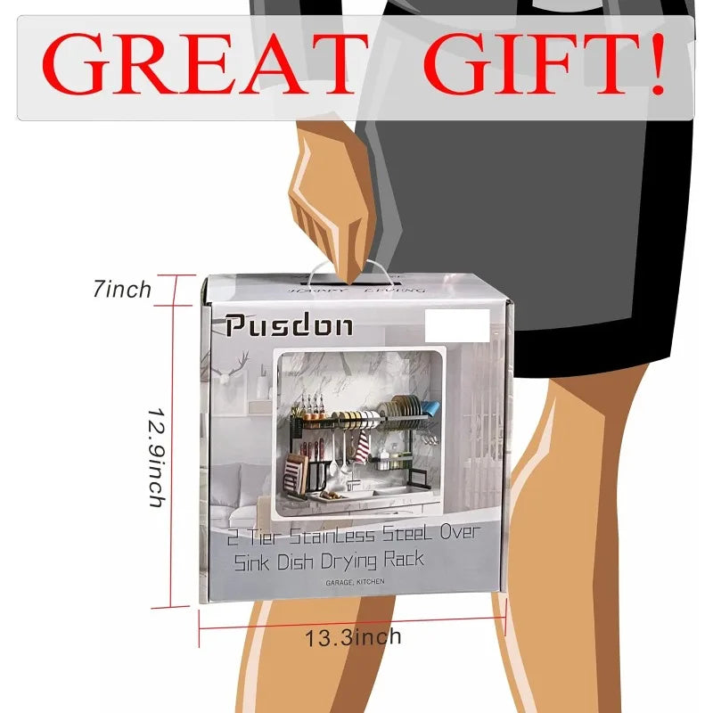 Adjustable Large 2-Tier Over Sink Dish Drying Rack - Stainless Steel, Black, Fits Sink Sizes ≤37 Inches