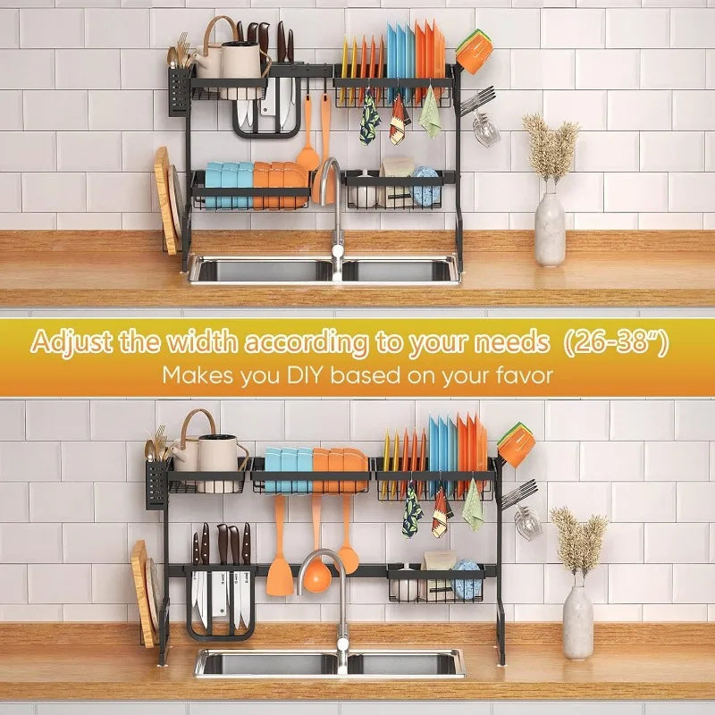 Adjustable Large 2-Tier Over Sink Dish Drying Rack - Stainless Steel, Black, Fits Sink Sizes ≤37 Inches