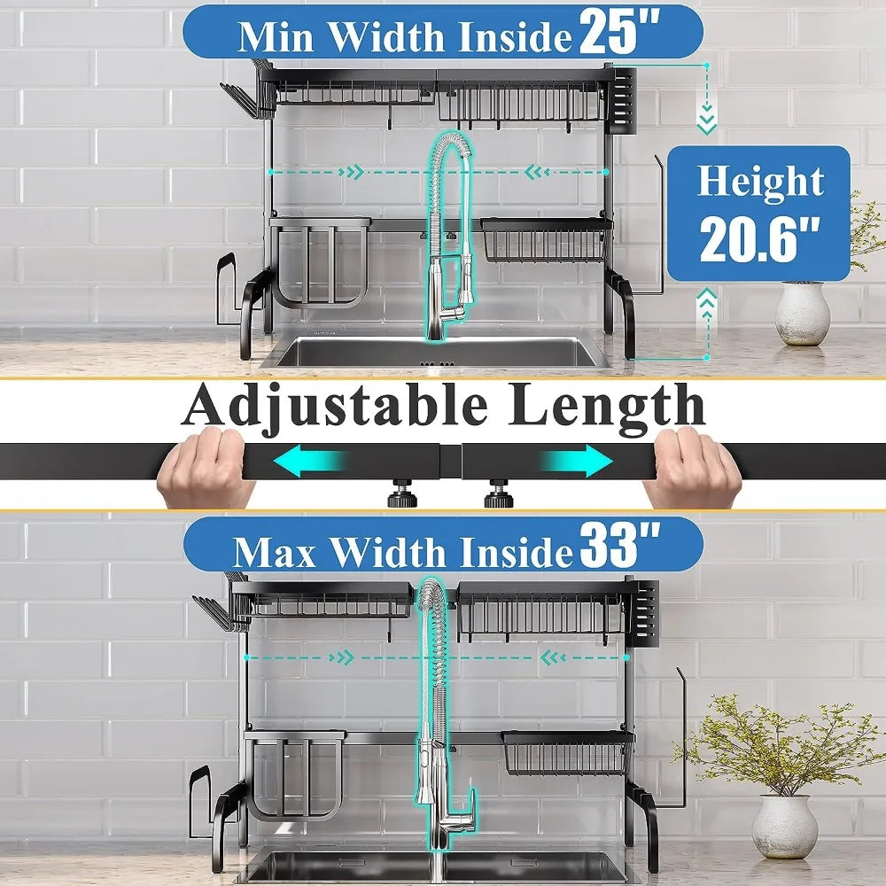 Adjustable Over-The-Sink Dish Drying Rack (25.5 to 33.5 inch) - 2 Tier Metal Steel, Ideal for Kitchen Counter