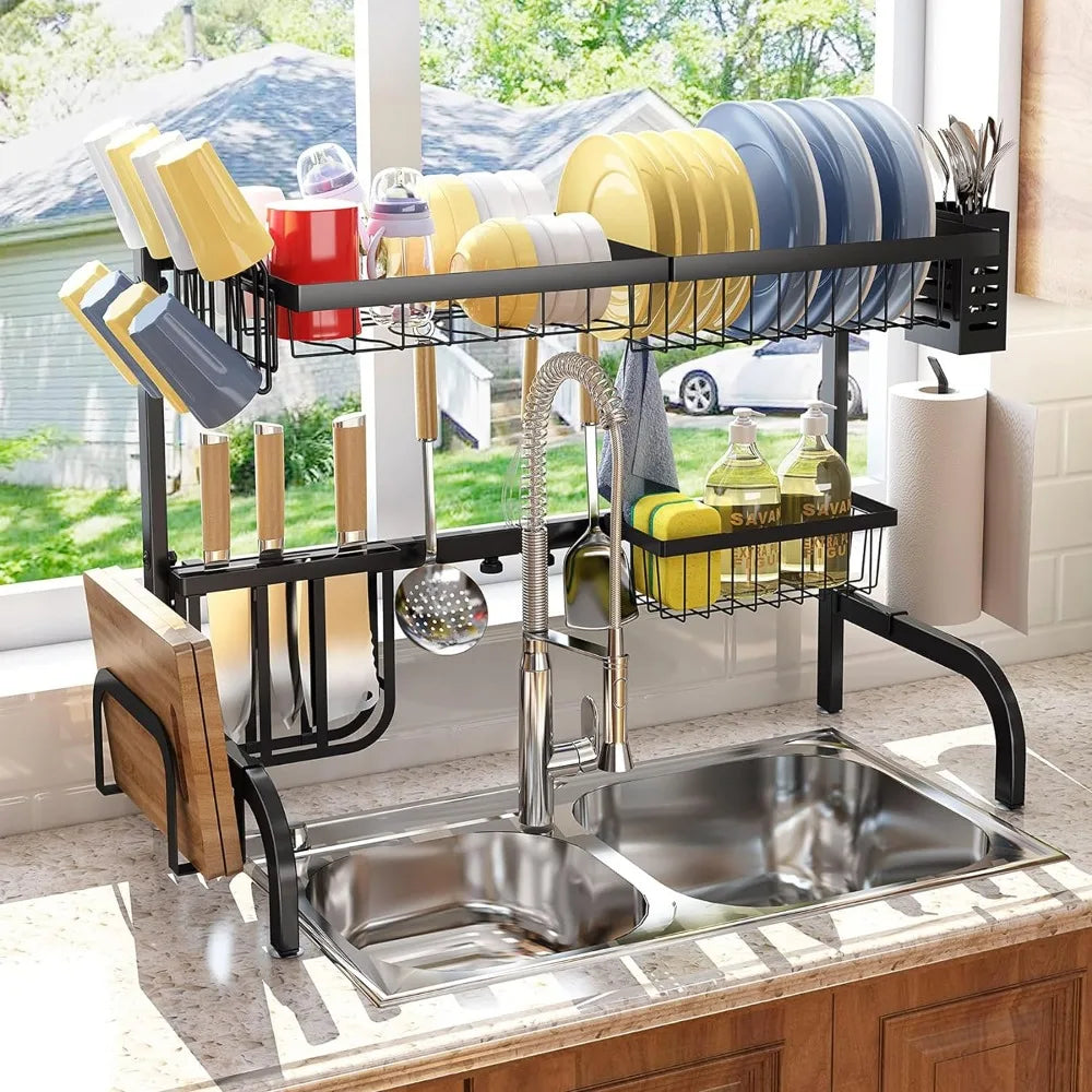 Adjustable Over-The-Sink Dish Drying Rack (25.5 to 33.5 inch) - 2 Tier Metal Steel, Ideal for Kitchen Counter