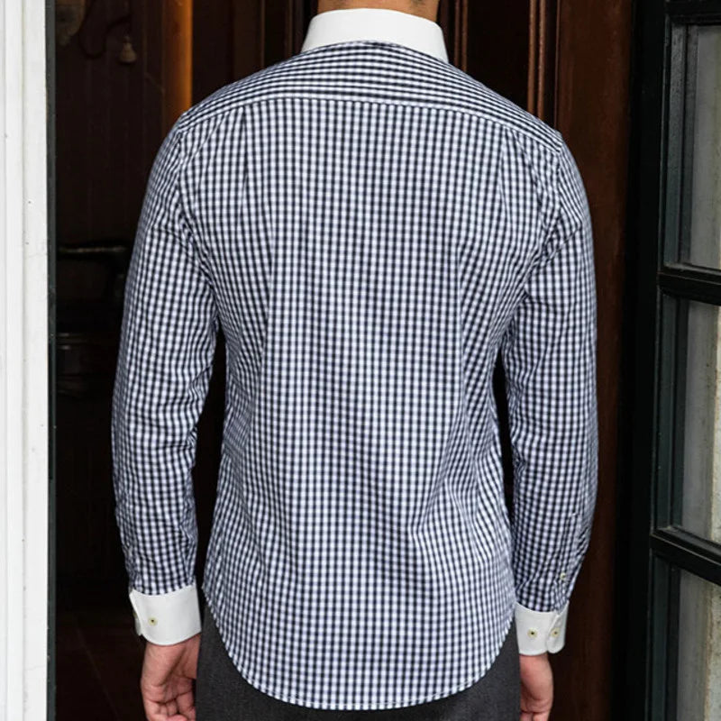 Men's Plaid Color Contrast Shirt - Casual Dress Shirt with Long Sleeves, High Quality British Style, Italian Social Camisa Masculina