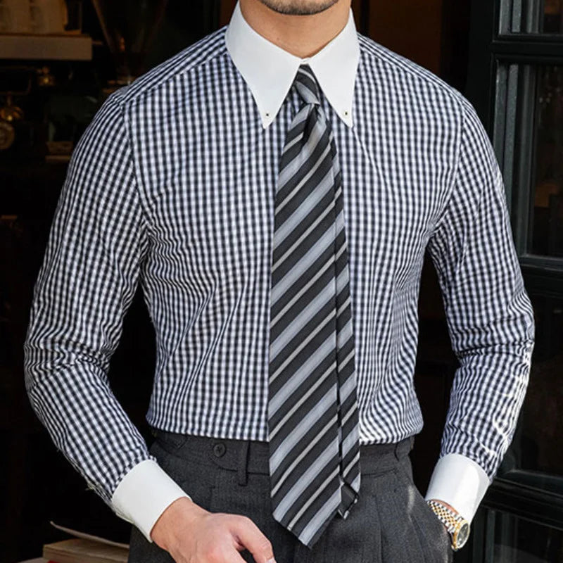 Men's Plaid Color Contrast Shirt - Casual Dress Shirt with Long Sleeves, High Quality British Style, Italian Social Camisa Masculina