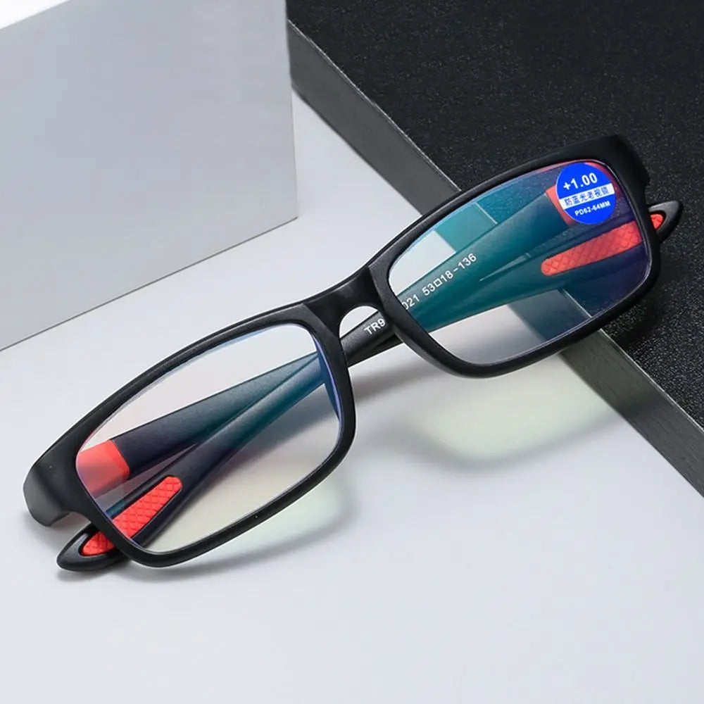 Sports Reading Glasses for Men and Women - Anti-Blue Light, Polarized, Multifocal Eyewear, TR90 Frame, Black/Red, Presbyopia Correction +100 to +400