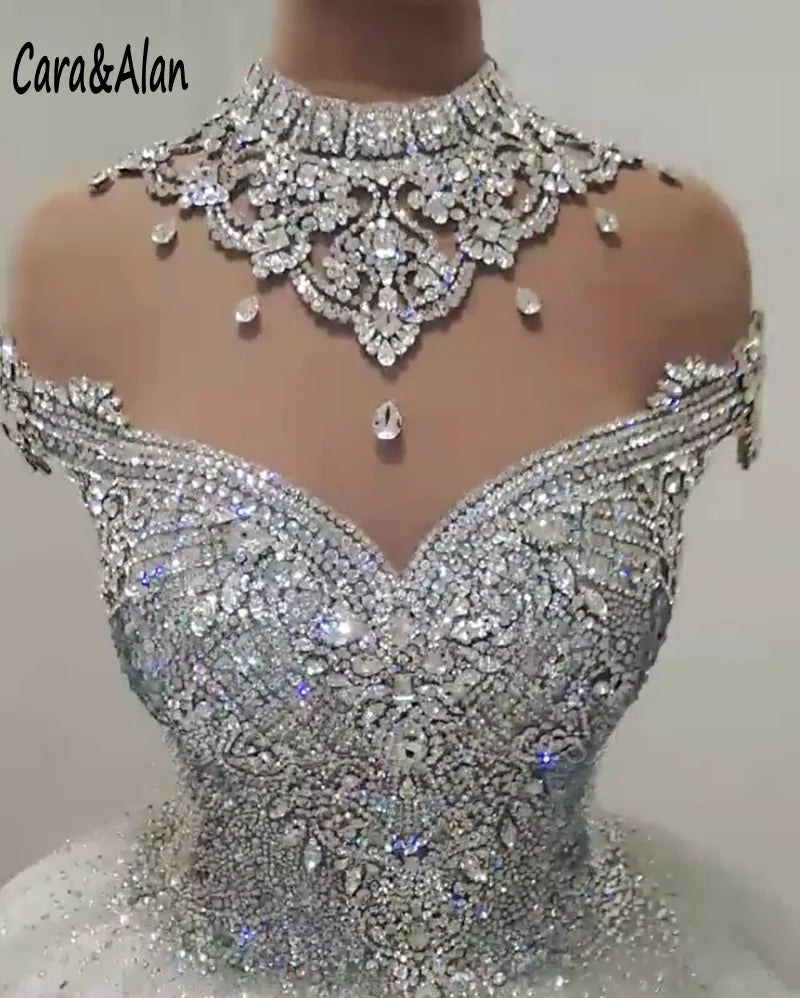 Royal Princess Wedding Dress - High Neck Arabic Bridal Gown with Crystal Beading and Tulle, Cap Sleeve, Sweep Train