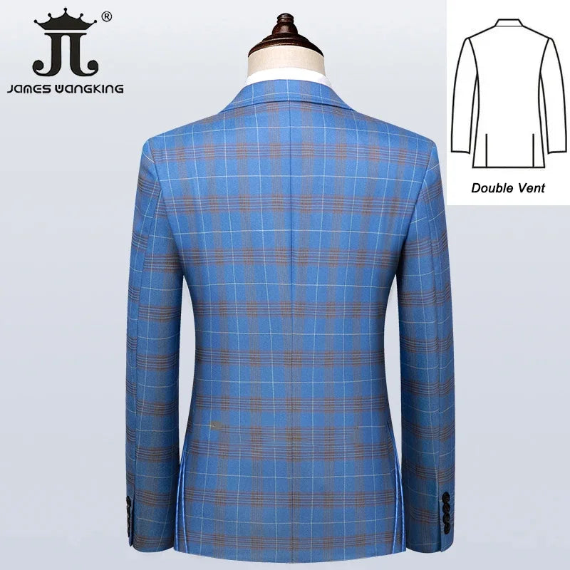 S-5XL Men's Slim Formal Business Suit - Luxury High-End Brand Blue Plaid 3-Piece Blazer, Vest, and Pants, Groom Wedding Dress Party Tuxedo