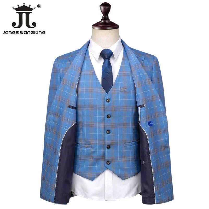 S-5XL Men's Slim Formal Business Suit - Luxury High-End Brand Blue Plaid 3-Piece Blazer, Vest, and Pants, Groom Wedding Dress Party Tuxedo