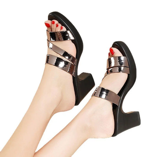 Summer High-Heeled Women's Slippers - Thick Heel, Bright Skin Fish Mouth Sandals