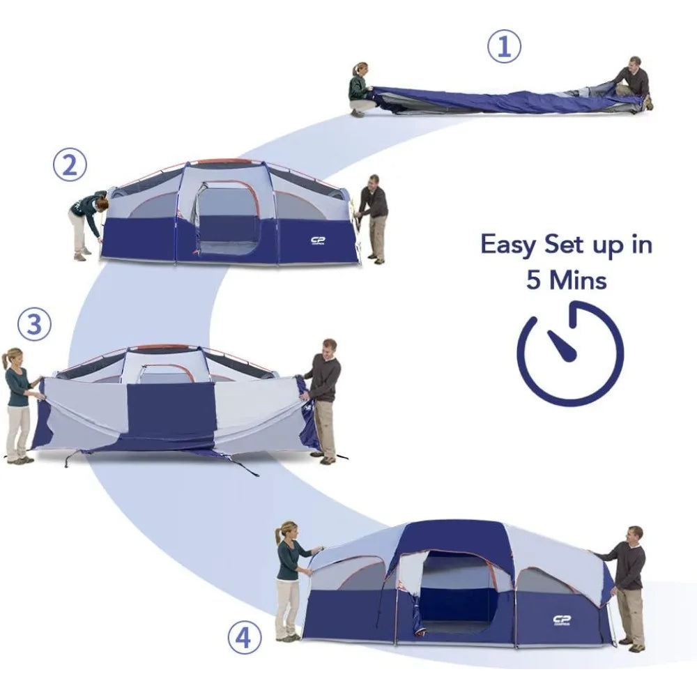 8-Person Family Camping Tent - Weather Resistant with 5 Large Mesh Windows, Double Layer Rooms, Portable with Carry Bag