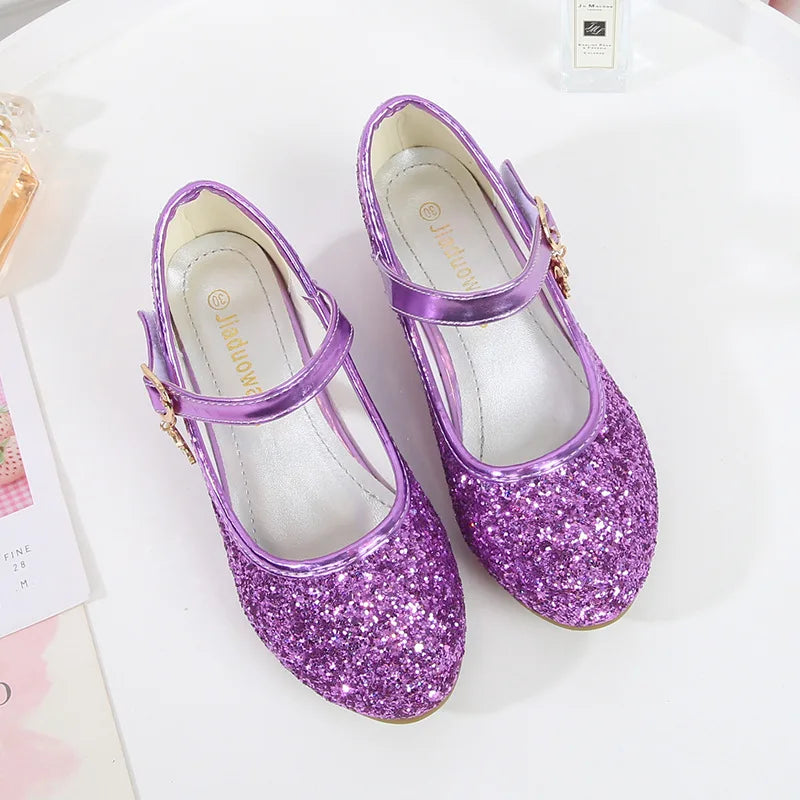 ULKNN Girls' Purple and Red Leather High Heels - Princess Party and Wedding Shoes with Round Toe, 1-3CM Heel