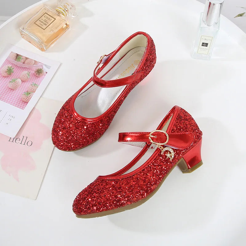 ULKNN Girls' Purple and Red Leather High Heels - Princess Party and Wedding Shoes with Round Toe, 1-3CM Heel