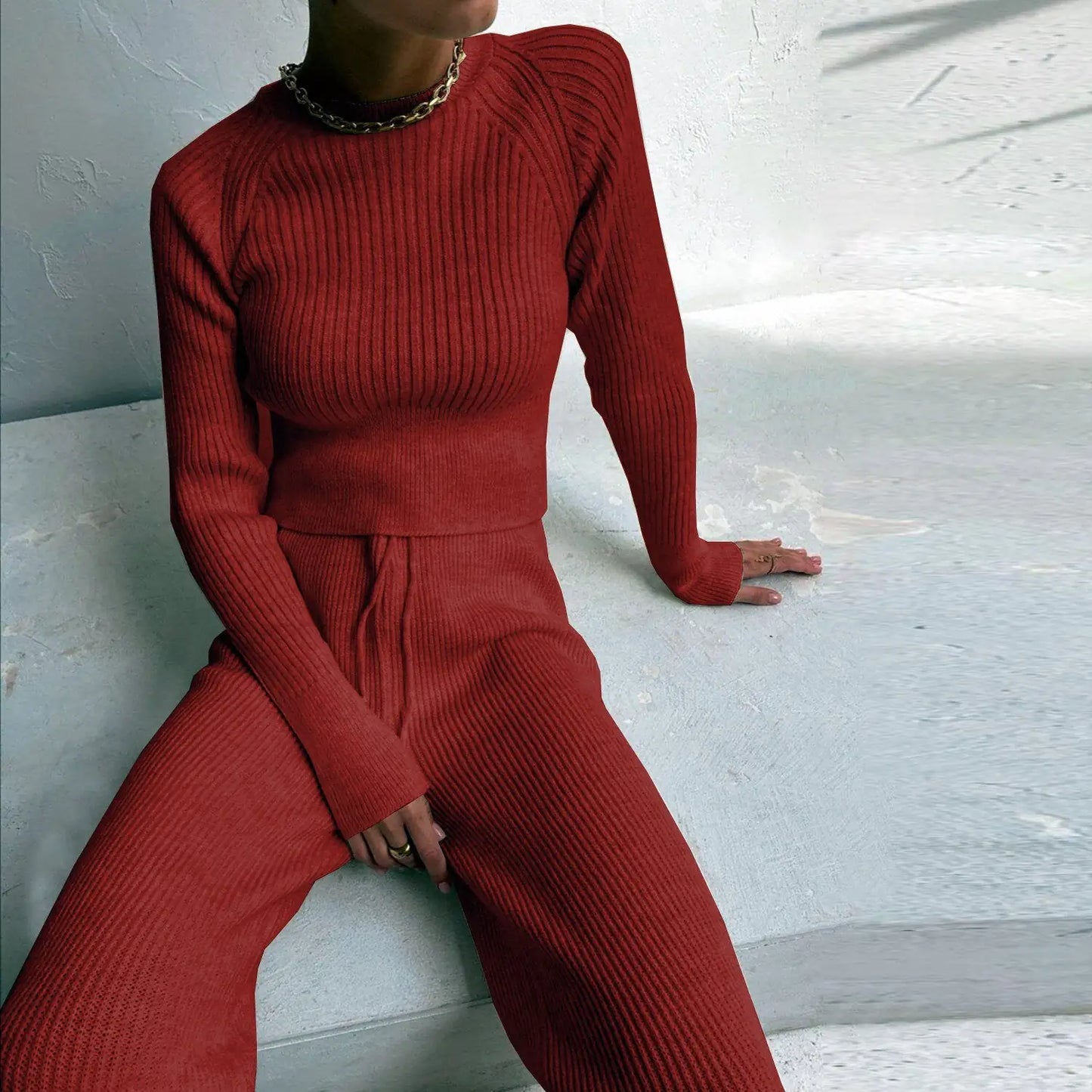 Effortless Chic: Knitted Wide-Leg Pants & Top Set