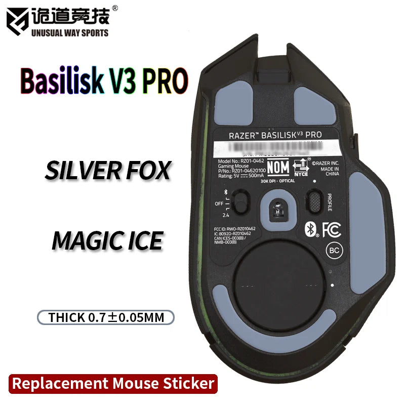 UnusualWaySports Mouse Feet Stickers for Razer Basilisk V3 Pro - Cambered Surface, PTFE, Anti-Collapse, Magic Ice Silver Fox