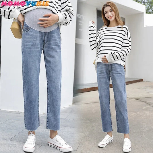 Vintage Washed Denim Maternity Jeans - Elastic Waist Belly Pants for Pregnant Women