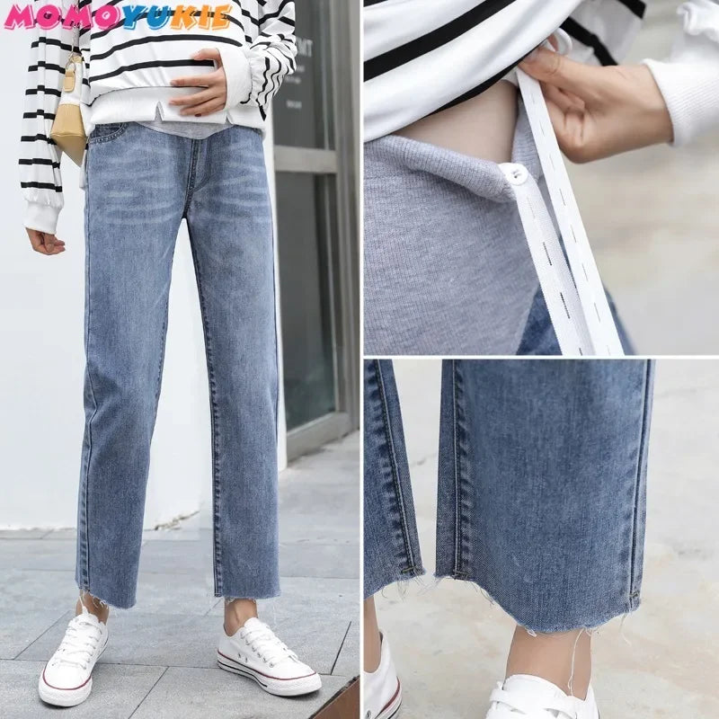 Vintage Washed Denim Maternity Jeans - Elastic Waist Belly Pants for Pregnant Women