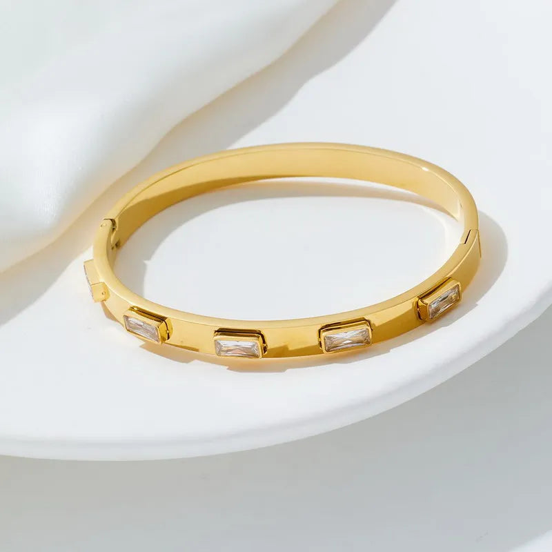 Waterproof Luxury Bangles - Colorful Cubic Zirconia, 18k Plated Stainless Steel Open Bracelet for Women