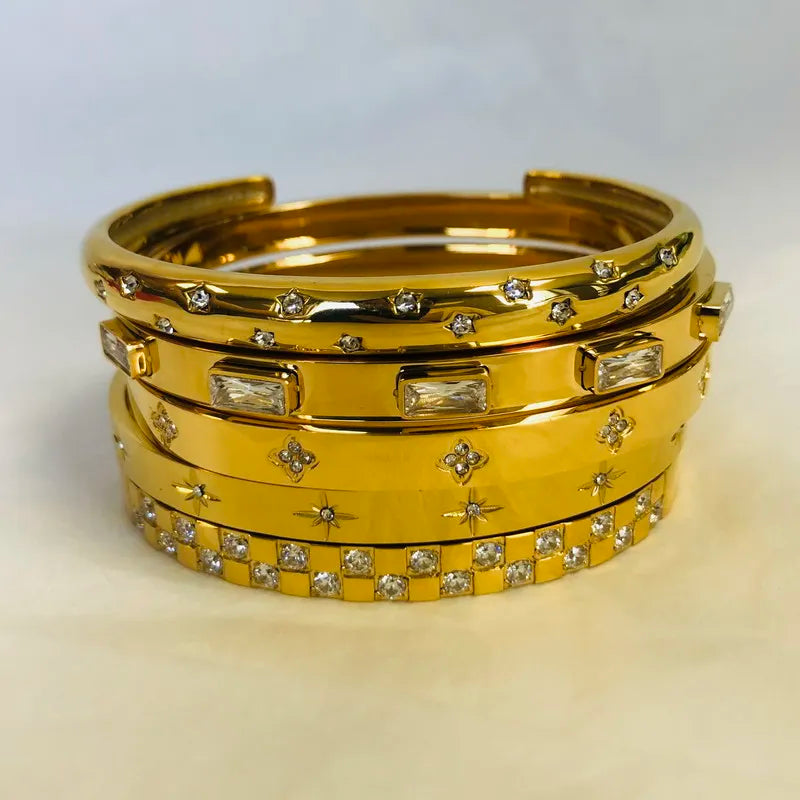 Waterproof Luxury Bangles - Colorful Cubic Zirconia, 18k Gold-Plated Stainless Steel Open Bracelet for Women