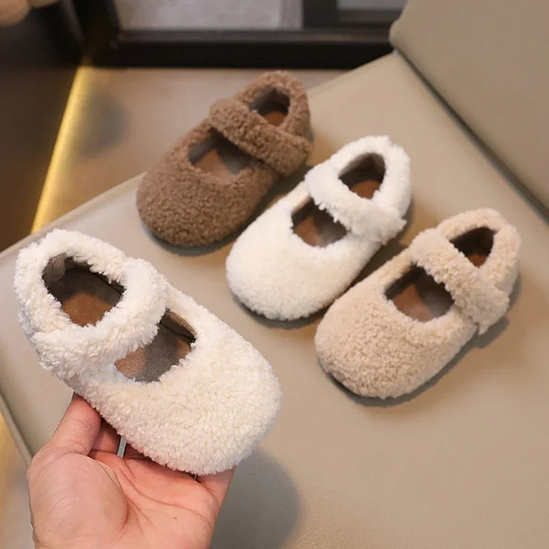 2024 Winter Children's Flat Shoes with Fur Cover and Toe - Warm, Plush, Non-slip Casual Shoes for Boys and Girls
