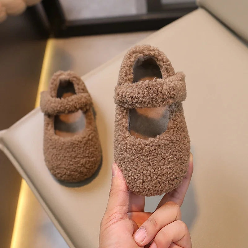 2024 Winter Children's Flat Shoes with Fur Cover and Toe - Warm, Plush, Non-slip Casual Shoes for Boys and Girls