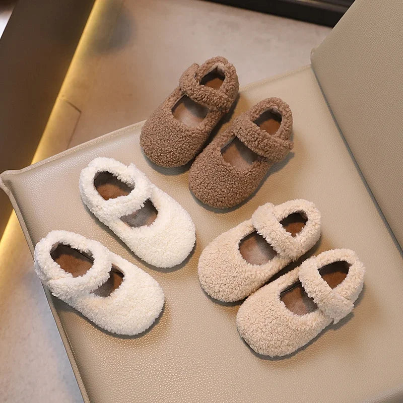2024 Winter Children's Flat Shoes with Fur Cover and Toe - Warm, Plush, Non-slip Casual Shoes for Boys and Girls