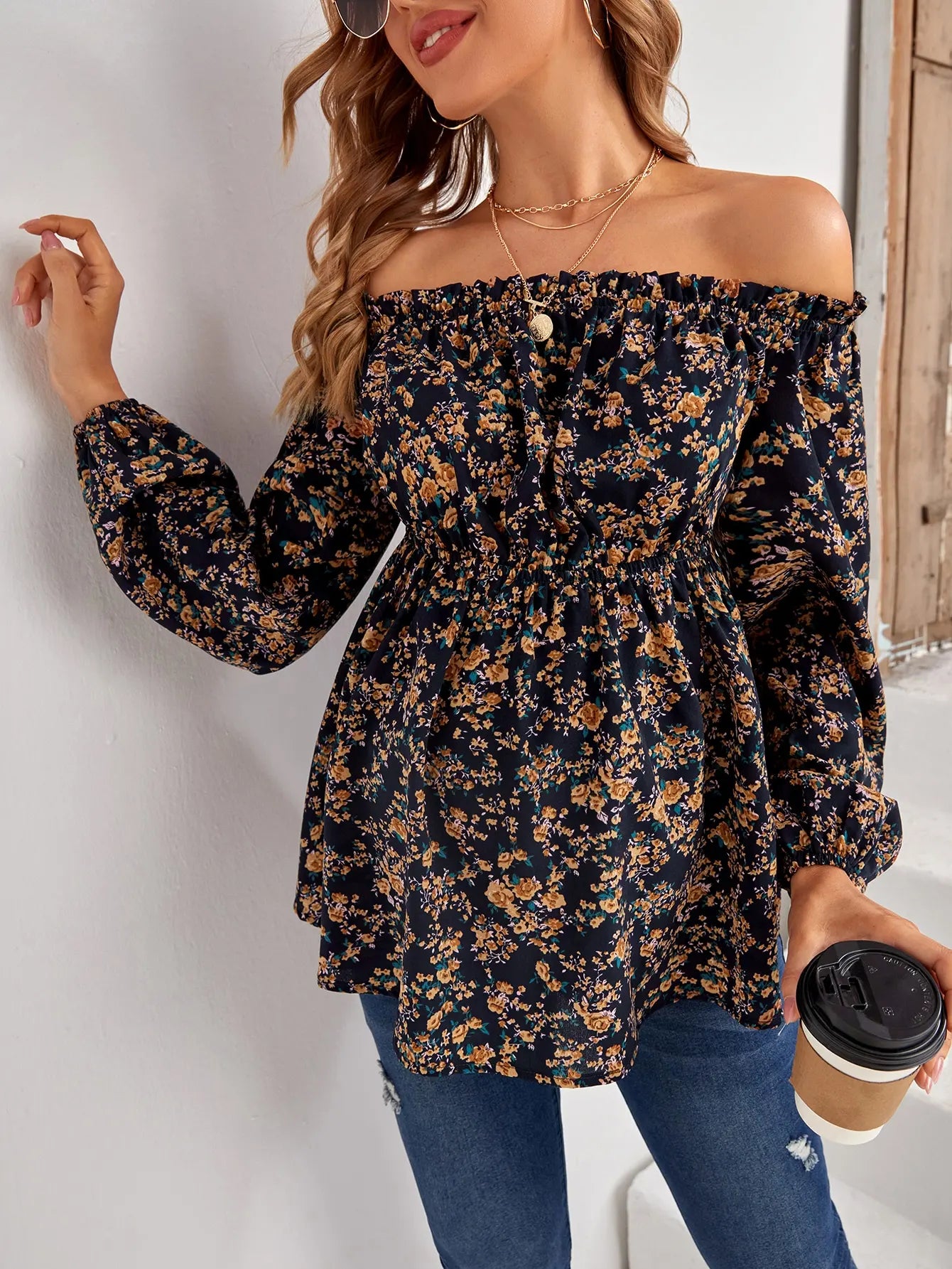 Women's Maternity Floral Print Off-Shoulder Long Sleeve Top - Elegant Waist Shirt for Pregnant Women