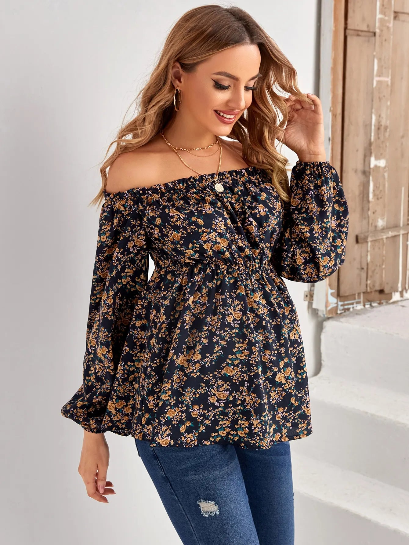 Women's Maternity Floral Print Off-Shoulder Long Sleeve Top - Elegant Waist Shirt for Pregnant Women