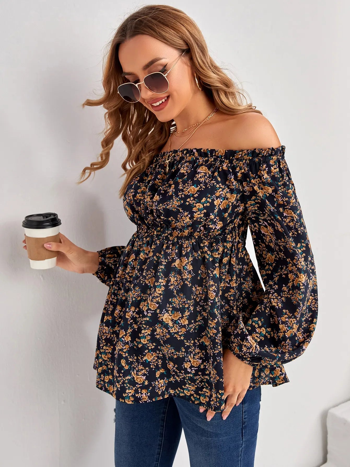 Women's Maternity Floral Print Off-Shoulder Long Sleeve Top - Elegant Waist Shirt for Pregnant Women