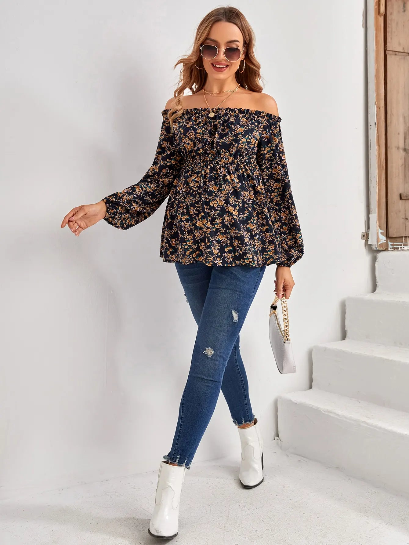 Women's Maternity Floral Print Off-Shoulder Long Sleeve Top - Elegant Waist Shirt for Pregnant Women