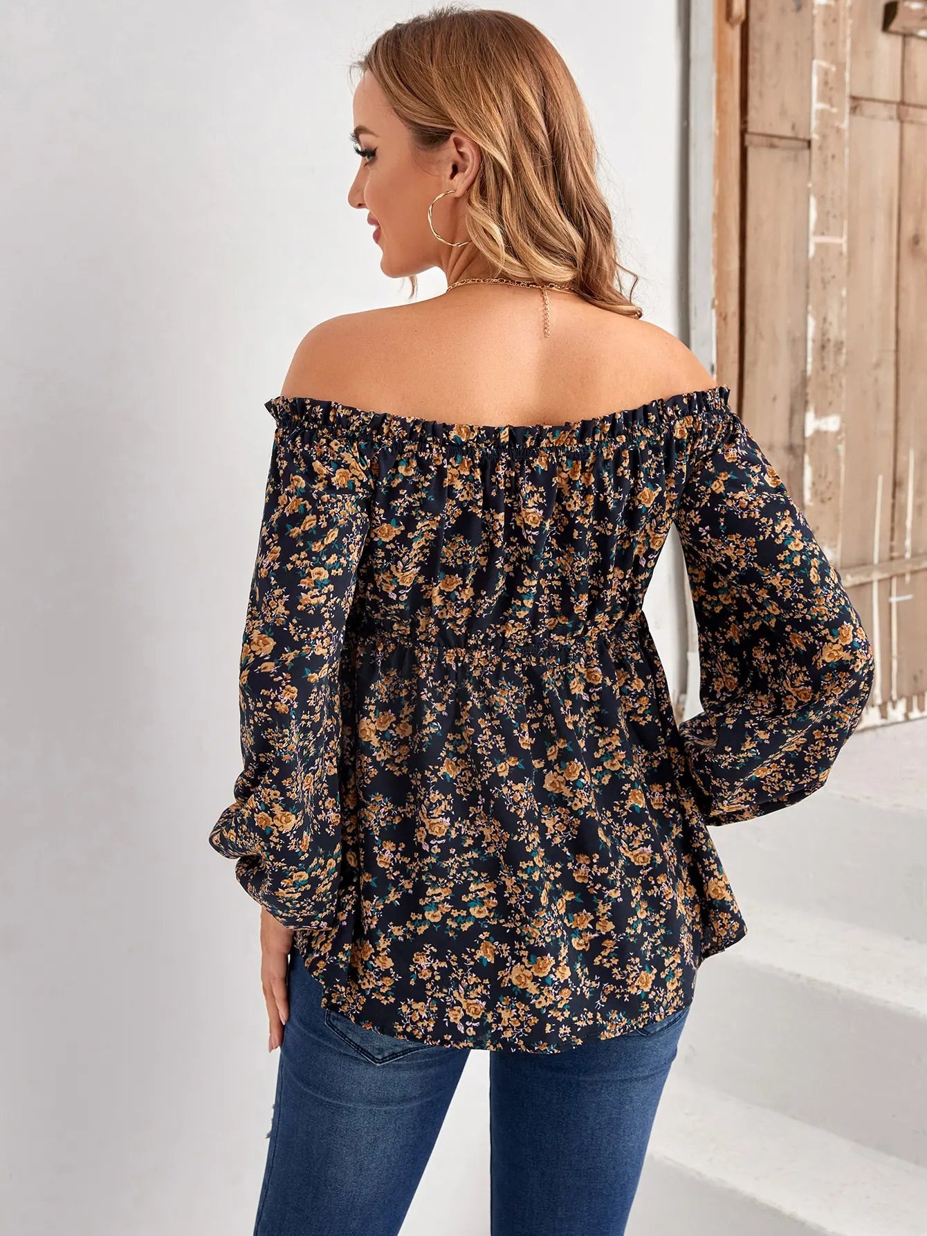 Women's Maternity Floral Print Off-Shoulder Long Sleeve Top - Elegant Waist Shirt for Pregnant Women