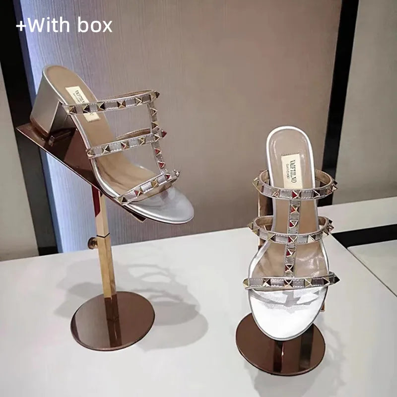 Women's Luxury Summer Sandals - Real Leather Slippers with Chunky Heel and Rivets, Designer Silver Shoes