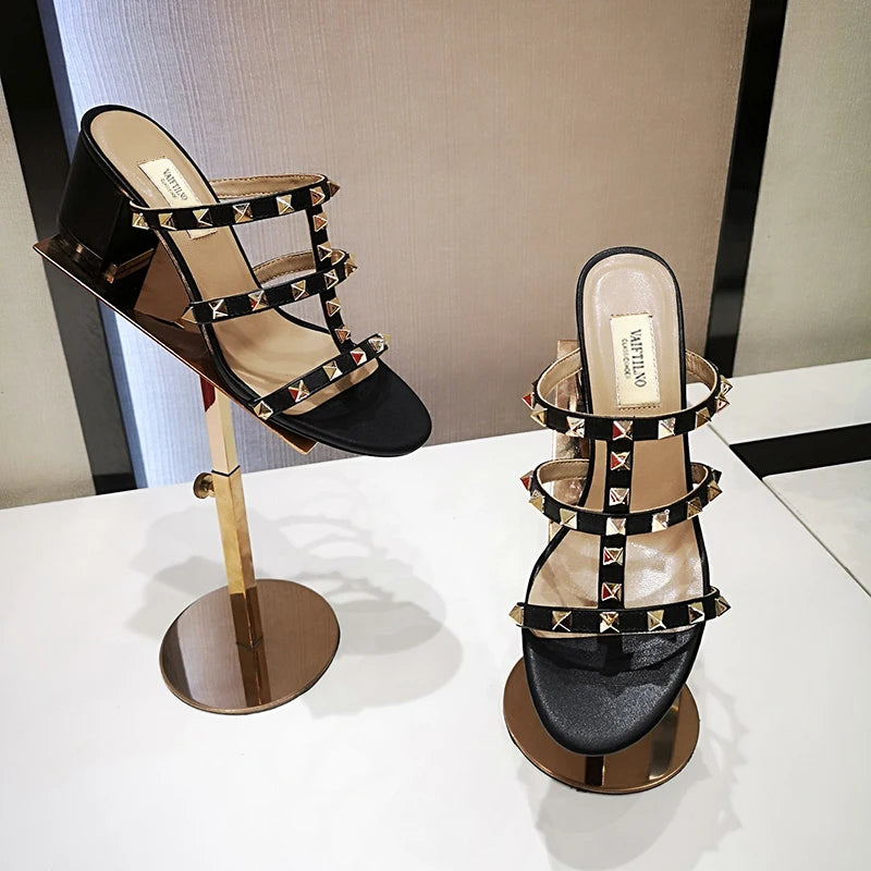 Women's Luxury Summer Sandals - Real Leather Slippers with Chunky Heel and Rivets, Designer Silver Shoes