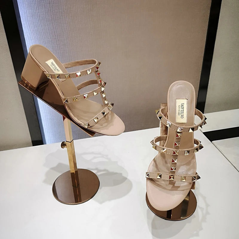 Women's Luxury Summer Sandals - Real Leather Slippers with Chunky Heel and Rivets, Designer Silver Shoes