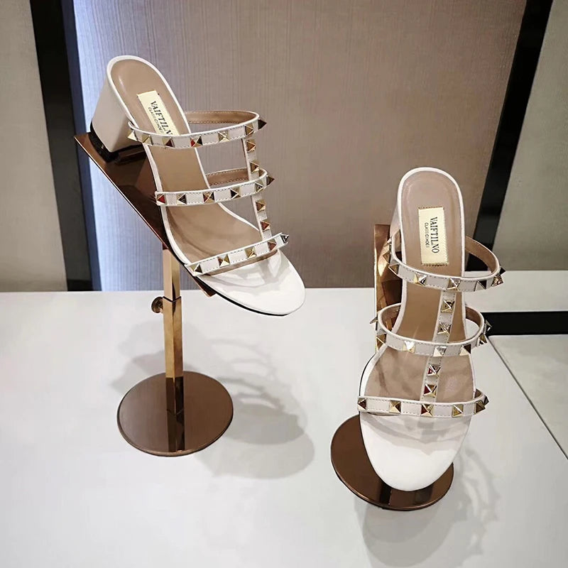 Women's Luxury Summer Sandals - Real Leather Slippers with Chunky Heel and Rivets, Designer Silver Shoes