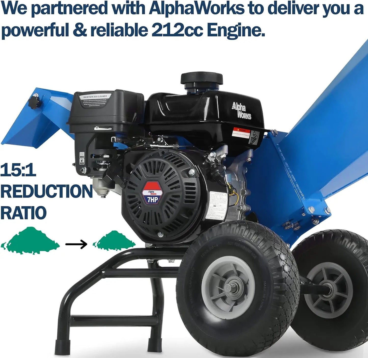 Heavy-Duty Wood Chipper Shredder Mulcher - Compact Rotor Assembly Design, 3-Inch Max Capacity, Gas Powered