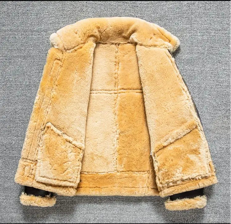 YR!Free shipping.Classic Air Force B3 Shearling Jacket - Men's Thick Winter Warm Real Fur Leather Coat