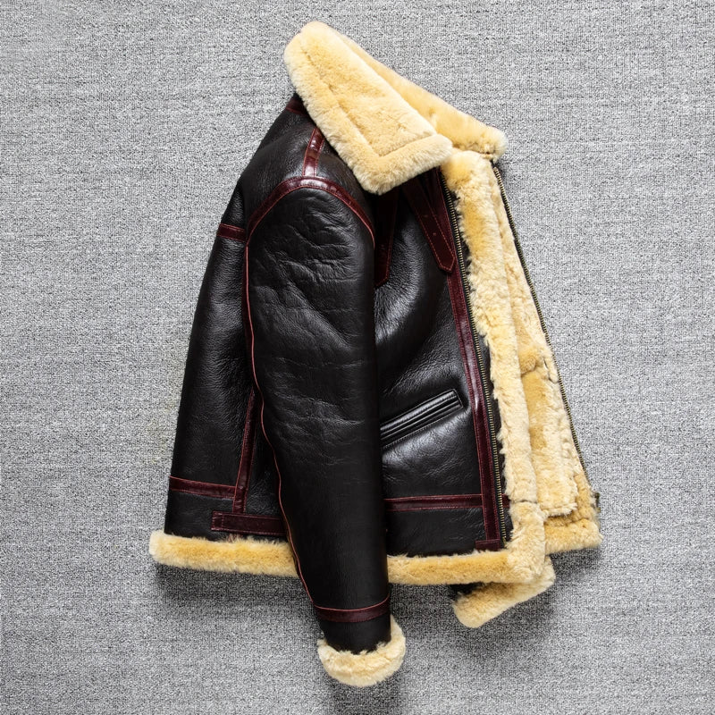 YR!Free shipping.Classic Air Force B3 Shearling Jacket - Men's Thick Winter Warm Real Fur Leather Coat
