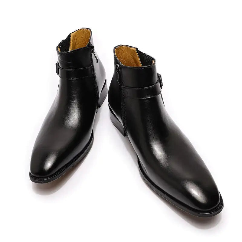Men's Italian Leather Dress Boots with Zipper and Buckle Detail