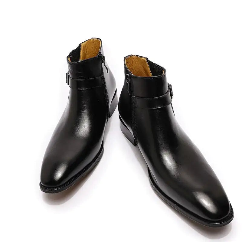 Men's Italian Leather Dress Boots with Zipper and Buckle Detail