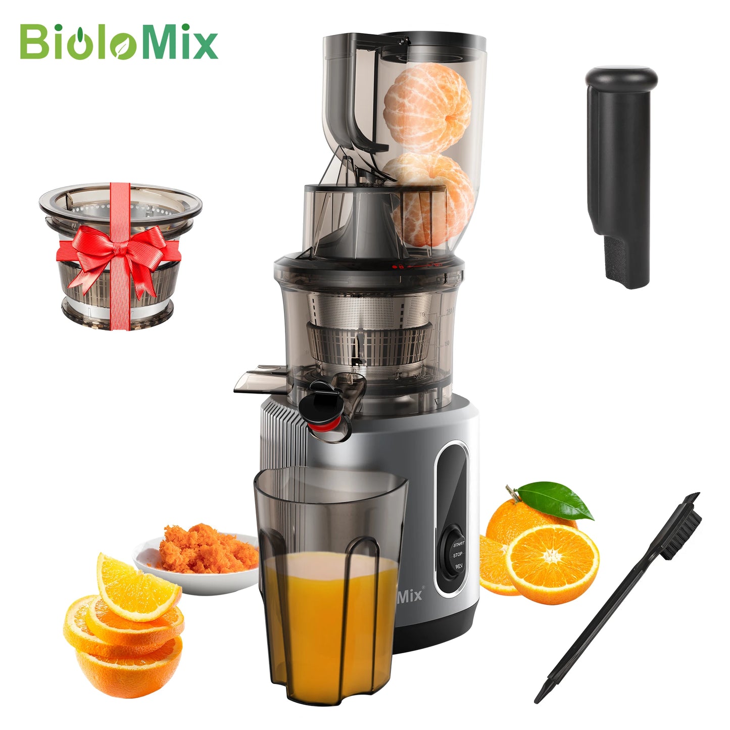 BioloMix 200W Slow Masticating Juicer with Wide 75mm Feed Chute, Powerful Low-Speed Juice Extractor for Whole Fruits