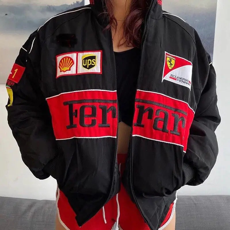 Step into Style with Our Embroidered Casual Zipper Long Sleeve Racing Jacket
