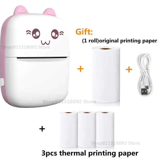 Cat Shape Mini Printer - Pocket-Sized Thermal Inkless Black and White Printer with Bluetooth Connectivity